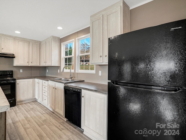 kitchen with black appliances, sink, and light hardwood / wood-style flooring