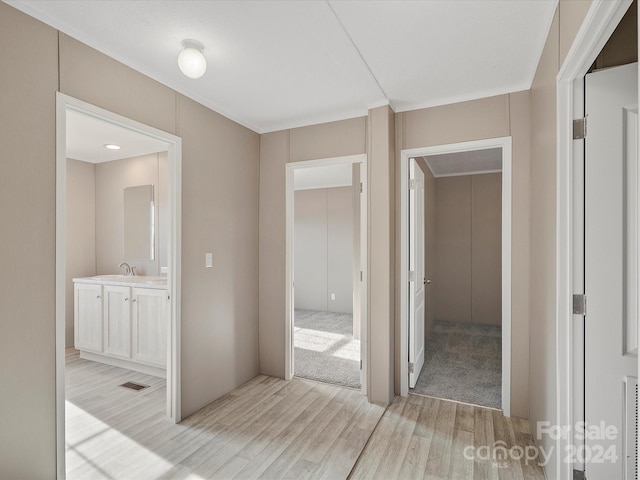 hall with light hardwood / wood-style floors and sink