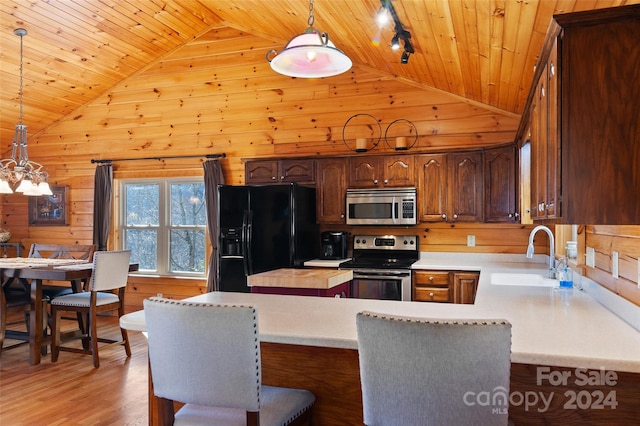 kitchen with appliances with stainless steel finishes, wooden walls, wooden ceiling, and sink