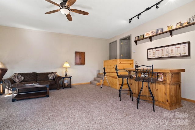 bar featuring carpet flooring, ceiling fan, and rail lighting