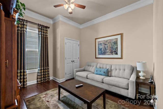 living room with dark hardwood / wood-style flooring, ceiling fan, and crown molding