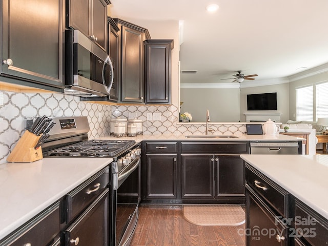 kitchen featuring sink, ceiling fan, appliances with stainless steel finishes, tasteful backsplash, and dark hardwood / wood-style flooring