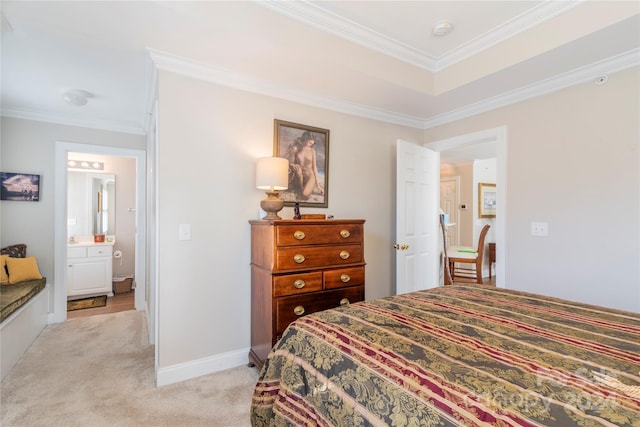 bedroom with light carpet, ensuite bath, and ornamental molding