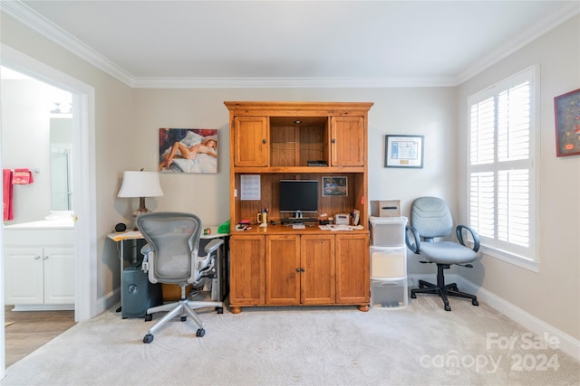 office with crown molding and light carpet