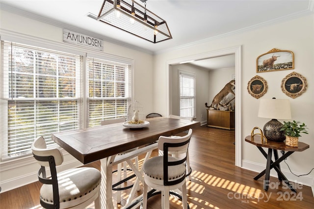 dining area with dark hardwood / wood-style flooring and ornamental molding