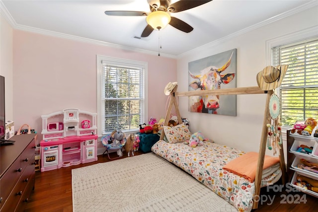 bedroom featuring multiple windows, dark hardwood / wood-style flooring, ceiling fan, and ornamental molding