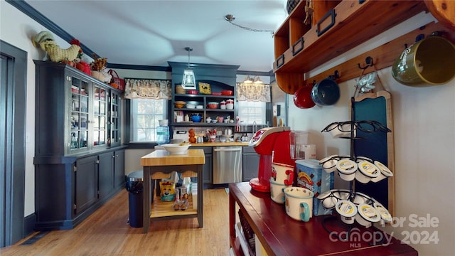 bar with dishwasher, light hardwood / wood-style flooring, and crown molding