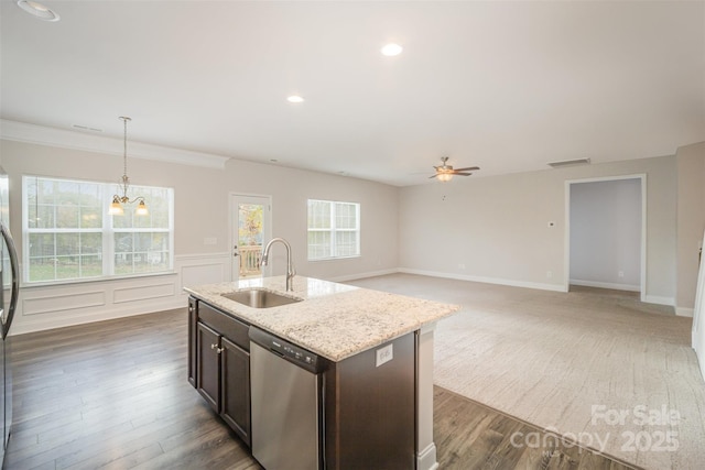 159 Rubys Way Unit 35, Oakboro, NC 28129 - kitchen featuring dishwasher, a sink, ceiling fan, pendant lighting, and light stone counters