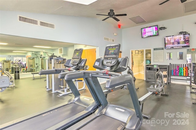 gym with vaulted ceiling and ceiling fan