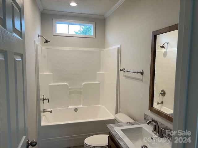 full bathroom featuring vanity,  shower combination, toilet, and crown molding