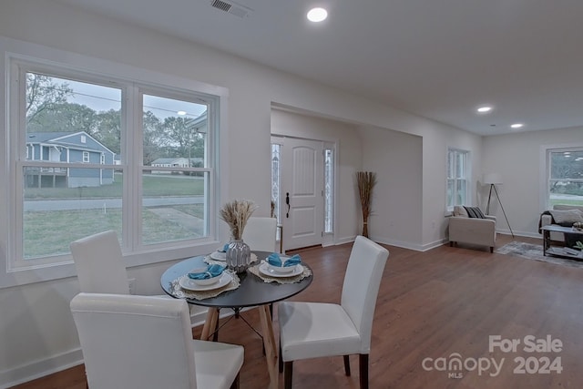 dining room with dark hardwood / wood-style floors and a healthy amount of sunlight