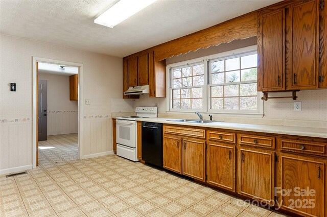 261 Lower Christ School Rd, Fletcher, NC 28732 - kitchen featuring electric range, a sink, under cabinet range hood, dishwasher, and brown cabinetry