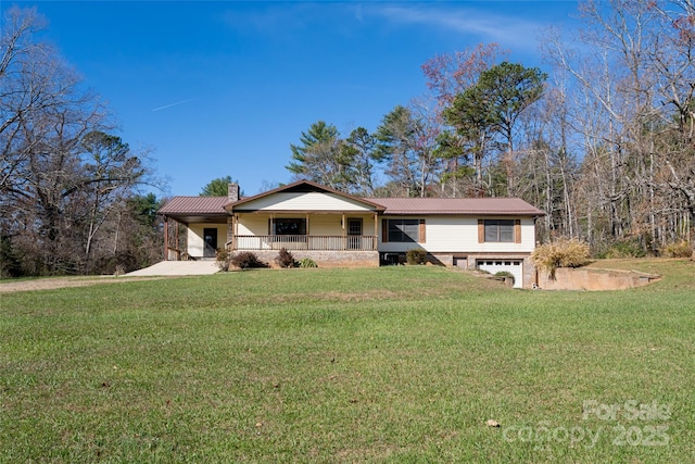 261 Lower Christ School Rd, Fletcher, NC 28732 - ranch-style home with covered porch, a garage, a chimney, and a front lawn