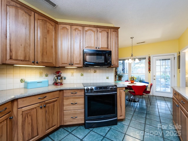 kitchen featuring stainless steel electric stove, tasteful backsplash, dark tile patterned flooring, light stone counters, and an inviting chandelier