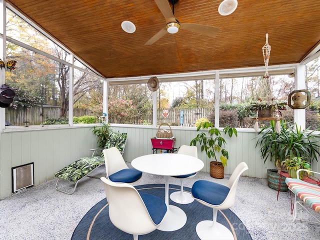 sunroom with lofted ceiling, wooden ceiling, and ceiling fan