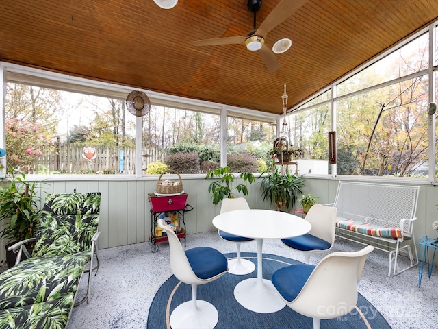 sunroom with lofted ceiling, wood ceiling, and ceiling fan