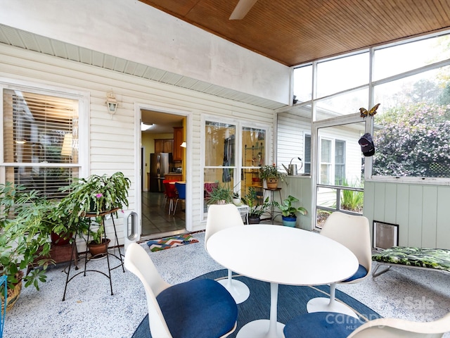 sunroom featuring wood ceiling and ceiling fan