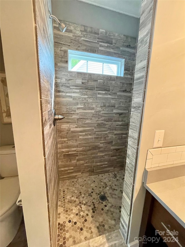 bathroom featuring a tile shower, vanity, and toilet