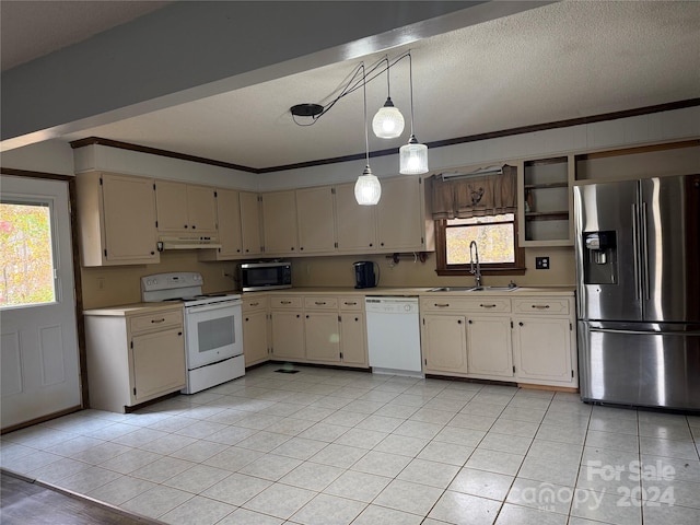 kitchen with crown molding, sink, stainless steel appliances, and decorative light fixtures