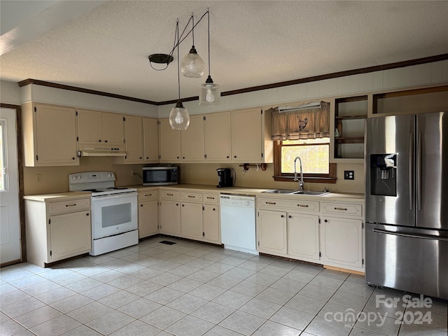 kitchen featuring appliances with stainless steel finishes, crown molding, sink, light tile patterned floors, and decorative light fixtures