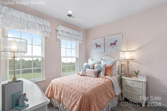 carpeted bedroom featuring multiple windows