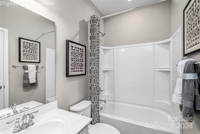 full bathroom featuring toilet, vanity, and shower / tub combo with curtain