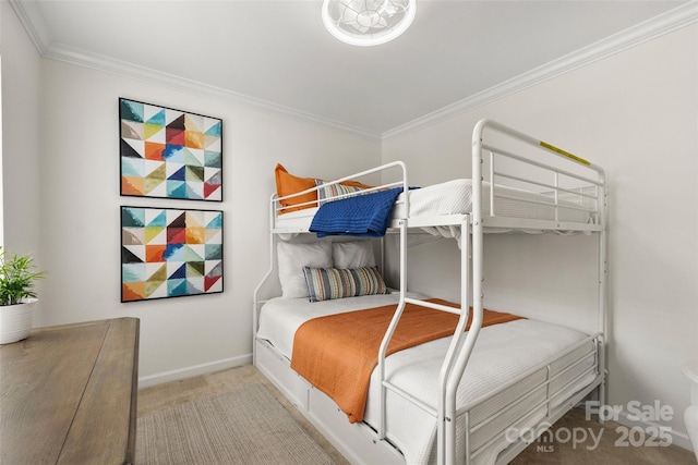 bedroom featuring crown molding and light colored carpet