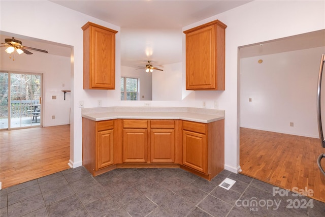 kitchen featuring a wealth of natural light, ceiling fan, and dark wood-type flooring