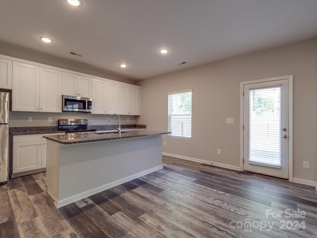 kitchen featuring plenty of natural light, an island with sink, dark hardwood / wood-style floors, and appliances with stainless steel finishes