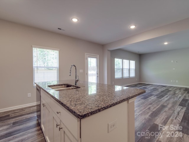 kitchen featuring plenty of natural light, dark wood-type flooring, sink, and an island with sink