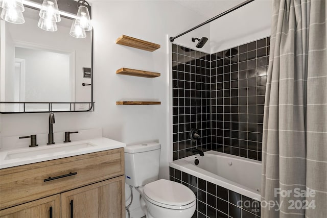 full bathroom with vanity, shower / bath combination with curtain, and toilet