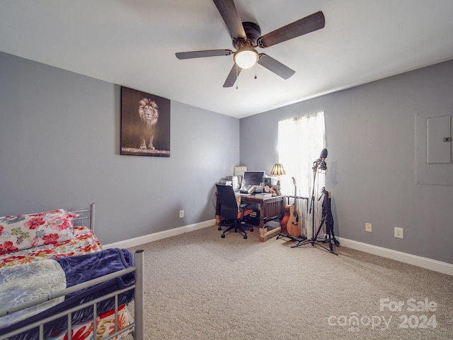 carpeted bedroom with electric panel and ceiling fan