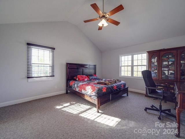 bedroom with carpet flooring, ceiling fan, and lofted ceiling