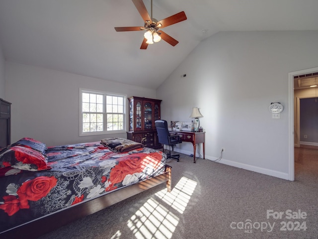 bedroom featuring ceiling fan, carpet floors, and high vaulted ceiling