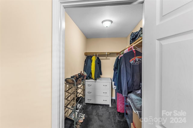 walk in closet with dark carpet