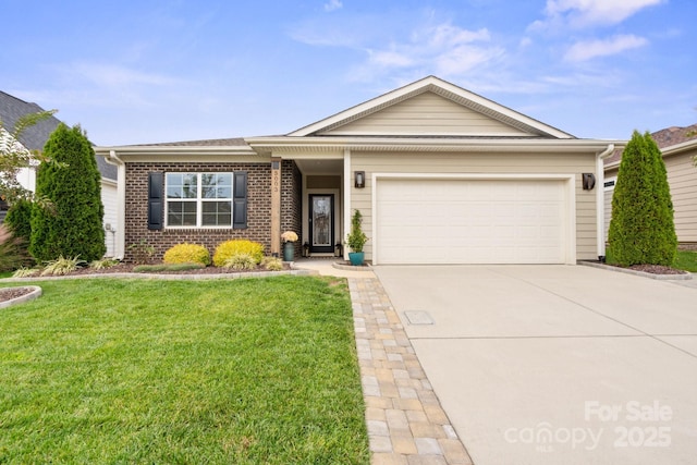 ranch-style house with a front yard and a garage