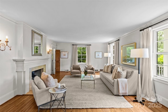living area with plenty of natural light, a fireplace, wood finished floors, and crown molding