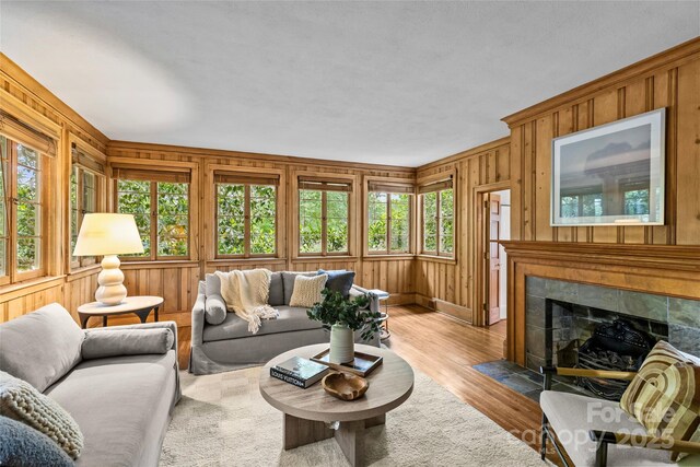 living room featuring wood finished floors, wooden walls, baseboards, and a fireplace
