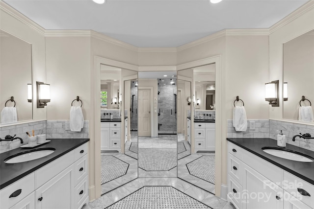 full bathroom featuring a shower stall, two vanities, ornamental molding, tasteful backsplash, and recessed lighting