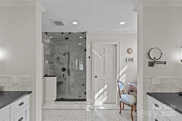 full bath featuring crown molding, a stall shower, recessed lighting, and vanity