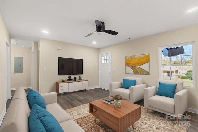 living room featuring electric panel, ceiling fan, and hardwood / wood-style floors