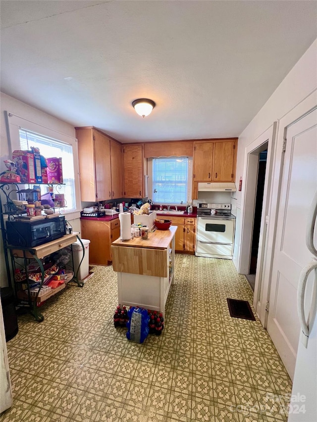 1716 3rd St NE, Hickory, NC 28601 - kitchen with a center island, white refrigerator, electric stove, and sink