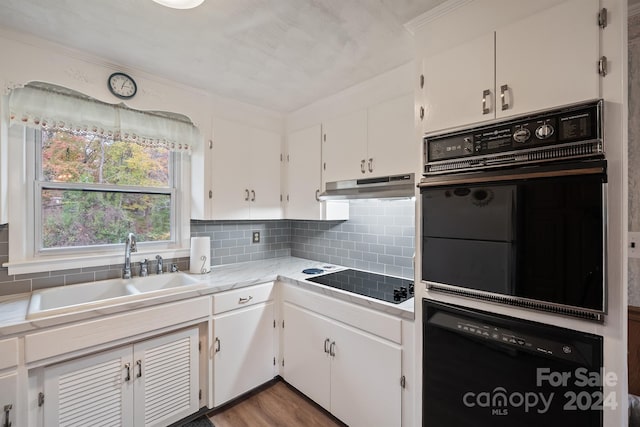 kitchen with white cabinetry, sink, and black appliances