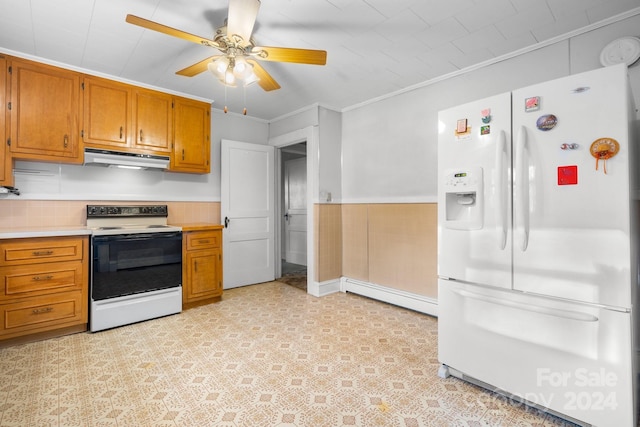 kitchen with white appliances, crown molding, ceiling fan, and a baseboard heating unit