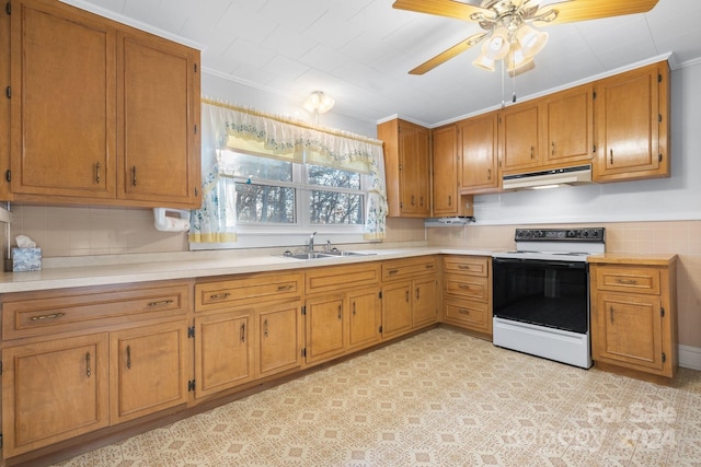 kitchen with white range with electric cooktop, ceiling fan, crown molding, and sink