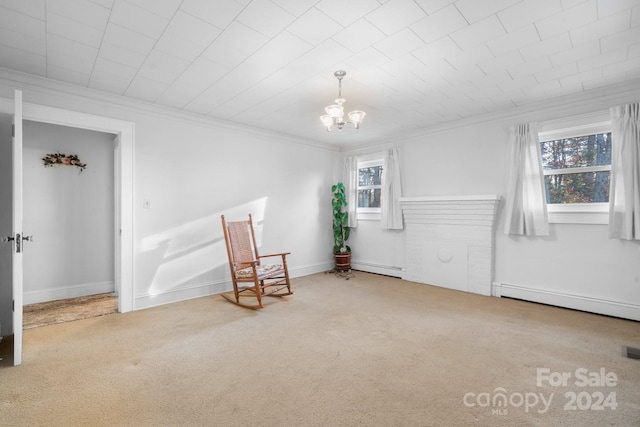 interior space with carpet flooring, a notable chandelier, crown molding, and a baseboard heating unit