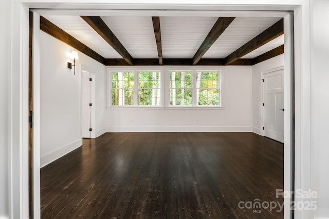 interior space with beamed ceiling, baseboards, and dark wood-style flooring