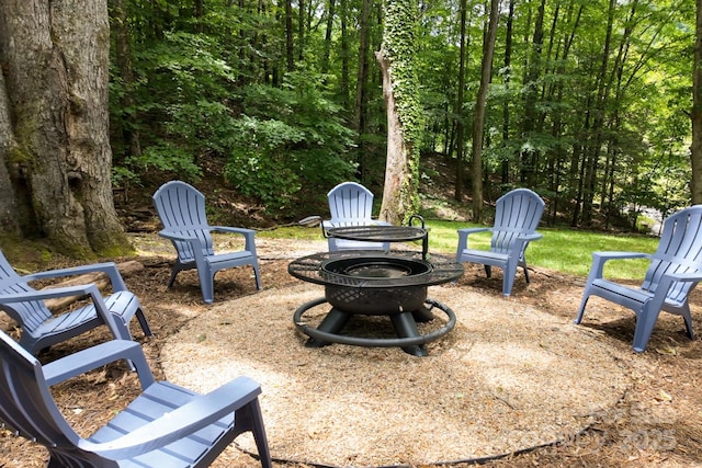 view of yard featuring a fire pit and a patio area