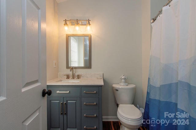 bathroom with hardwood / wood-style flooring, vanity, and toilet