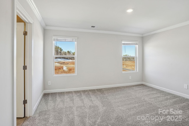 spare room with light colored carpet, crown molding, and plenty of natural light